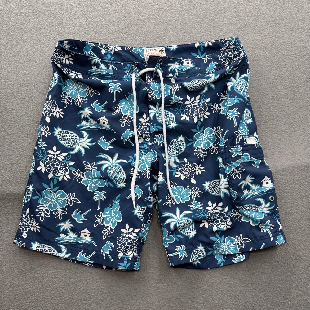 J.Crew Swim Shorts Mens 32 Blue Hawaiian Pineapple Print Trunks Lined Beach